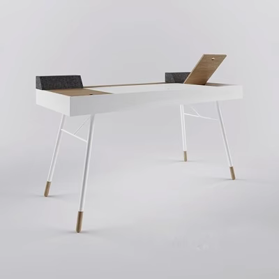 Modern White Desk Featuring Geometric Legs Brown Wooden Feet Black Storage and Open Wooden Tray 3d model