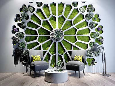 Casual Sofa Set with Yellow Cushions and Round Coffee Table Against Green Geometric Plant Wall 3d model