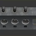 Gray Mechanical Device With Three Colored Striped Pipes Three Circular Openings And Control Panel