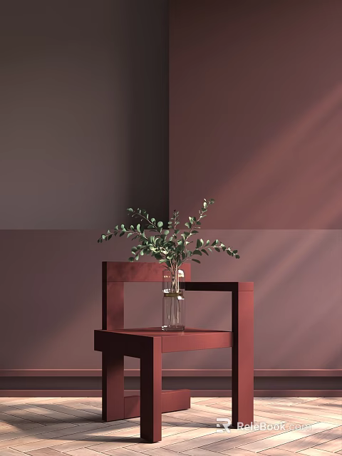 Red Single Chair with Glass Vase and Green Plants Against Brown Wall with Light Shadows 3d model 
