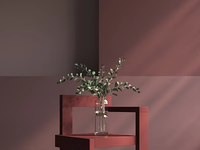 Red Single Chair with Glass Vase and Green Plants Against Brown Wall with Light Shadows 3d model
