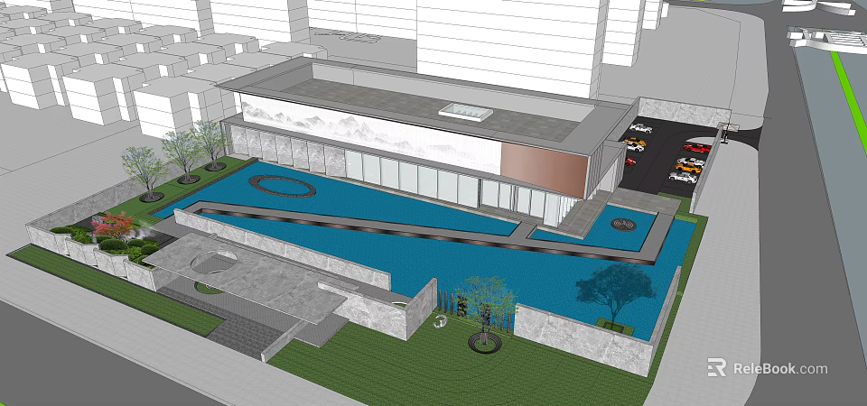 Modern Style Sales Office Building With Glass Facade Water Feature And Green Lawn 3d model 
