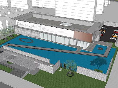 Modern Style Sales Office Building With Glass Facade Water Feature And Green Lawn 3d model