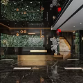 Elegant Restaurant Lobby With Marble Floor Green Plant Wall And Modern Decorations
