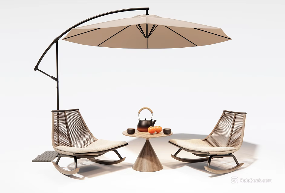 Outdoor Woven Chairs with Cantilever Umbrella Side Table Holding Tea Set Oranges 3d model 