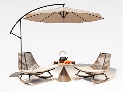 Outdoor Woven Chairs with Cantilever Umbrella Side Table Holding Tea Set Oranges 3d model