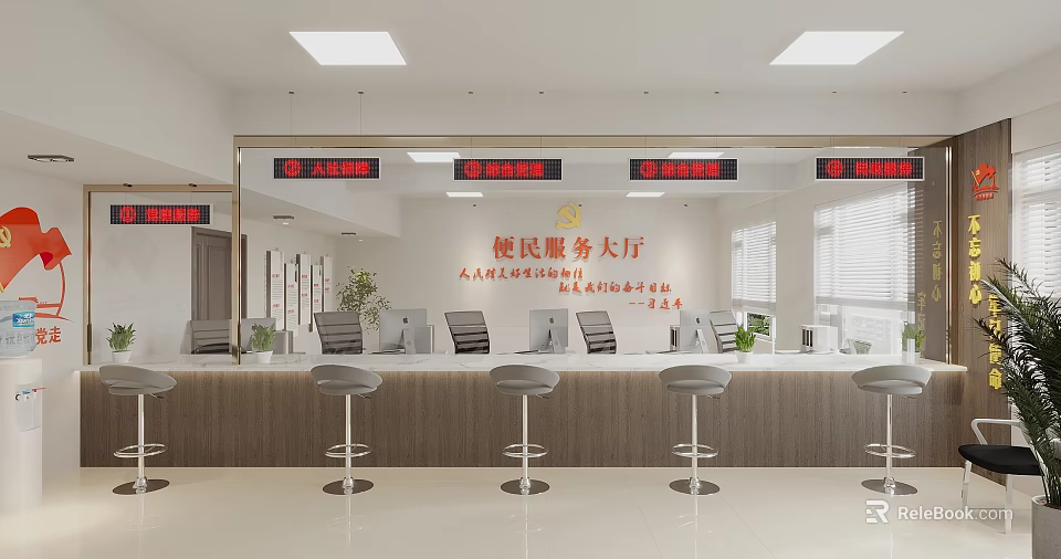 Modern Public Service Hall Interior With Service Windows Counter Stools And Bright Clean Environment 3d model