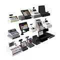 Various Commercial Equipment Including Cash Registers POS Systems with Display Screens and Payment Terminals