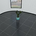 Cactus Bonsai Potted Plant In Blue Textured Pot With Wooden Legs On Dark Tiled Floor Indoor