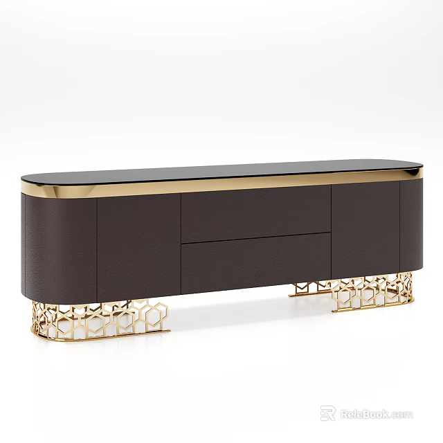 Modern Dark TV Stand With Gold Accents And Openwork Leg Design 3d model 