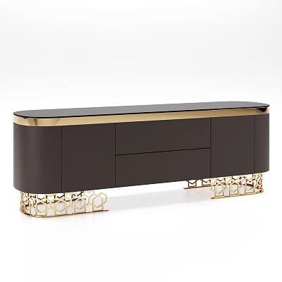 Modern Dark TV Stand With Gold Accents And Openwork Leg Design 3d model