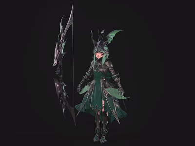 Fantasy Game Archer Character Wearing Green Armor And Ornate Helmet Holding Large Bow 3d model