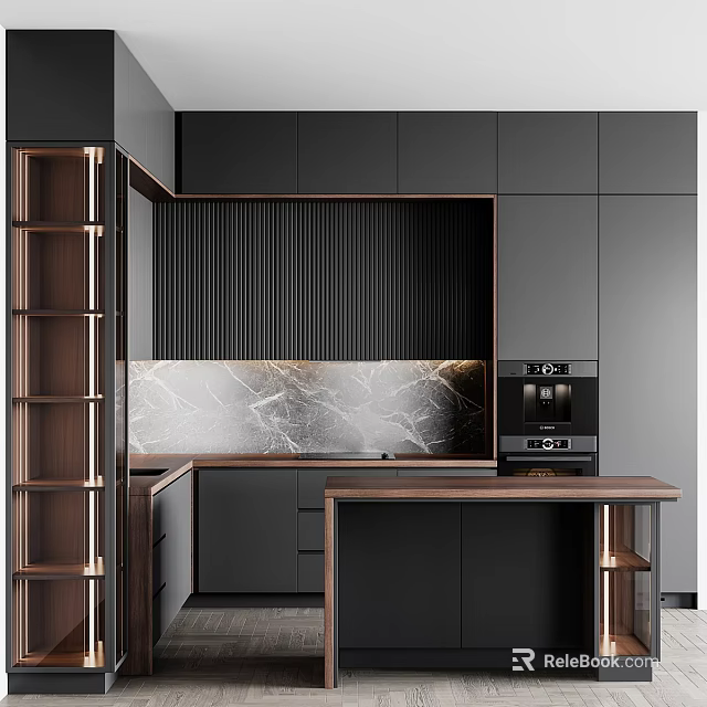 Modern Dark Gray Kitchen With Wooden Countertop Marble Backsplash And Built-in Coffee Machine 3d model 
