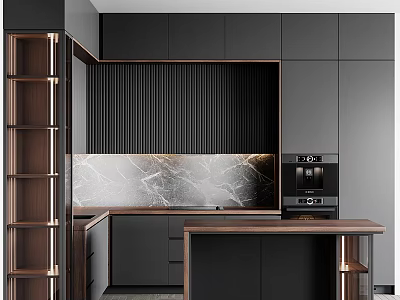 Modern Dark Gray Kitchen With Wooden Countertop Marble Backsplash And Built-in Coffee Machine 3d model