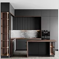 Modern Dark Gray Kitchen With Wooden Countertop Marble Backsplash And Built-in Coffee Machine