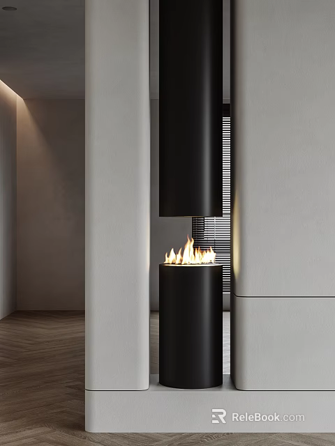 Modern Interior With Cylindrical Black Fireplace And Flames 3d model