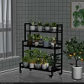 Elegant Garden Decor With Black Multi Tiered Plant Shelf Potted Plants And Green Plant Painting