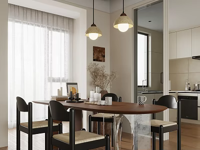 Bright Dining Room With Round Wooden Table Black Chairs And Hanging Lights 3d model
