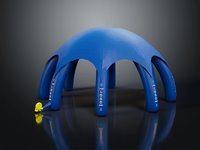 Modern Blue Dome Shaped Lightspeed Tent with Multiple Support Legs and Yellow Accessory 3d model