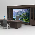 Office Desk Setup With Computer Chairs Large Display Screen Cabinets And Plant