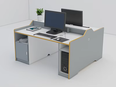Modern Office Desk With Dual Monitors Potted Plant Notebook Keyboard Drawer Cabinet And CPU Tower 3d model