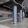 Modern Clothing Store Interior Featuring Hanging Clothes Illuminated Pillars And Display Area