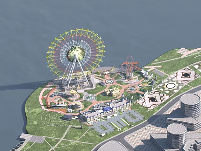 Aerial Planning of Urban Amusement Park with Ferris Wheel Roller Coaster Green Spaces and Buildings 3d model