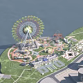 Aerial Planning of Urban Amusement Park with Ferris Wheel Roller Coaster Green Spaces and Buildings