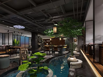 Traditional Chinese Teahouse Interior With Lotus Pond Lanterns Bookshelves And Wooden Tables 3d model