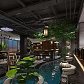 Traditional Chinese Teahouse Interior With Lotus Pond Lanterns Bookshelves And Wooden Tables