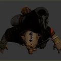 Orc Like Game Movie Character With Tusked Face Plaid Cloak Shield And Crouching Stance