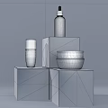 Perfume Cosmetics Blue Bottles On White Display Pedestals With Blue Sky Background