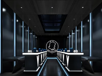 Modern High Tech Bar Interior With Blue Lighting And Symmetrical Counters 3d model