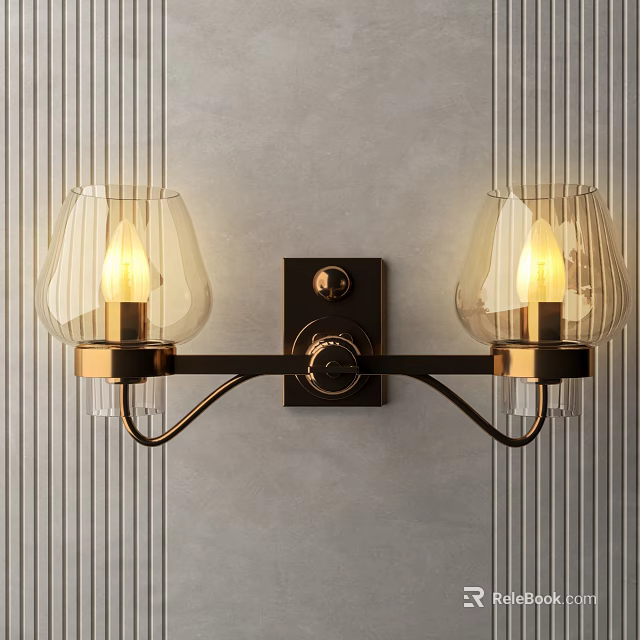 Illuminated Double Light Wall Sconce with Glass Shades and Metal Frame on Gray Striped Wall 3d model 