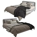 Modern Minimalist Double Bed With Beige Gray Bedding And Striped Pillows 3d model