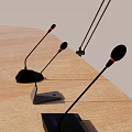 Formal Conference Room With Wooden Long Table Microphones Table Lamp And Tablet