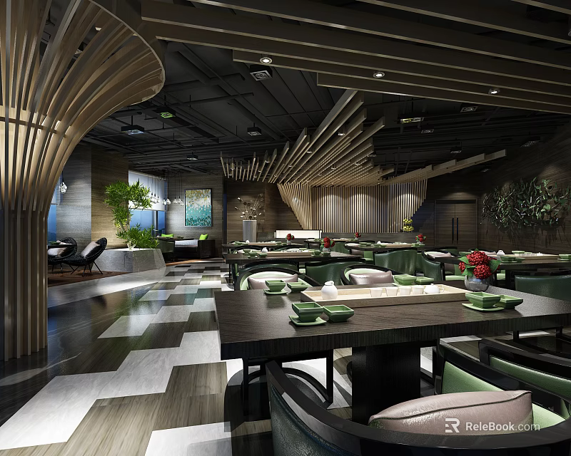 Modern Restaurant Interior With Wooden Ceiling Design Green Plants And Dining Tables 3d model 