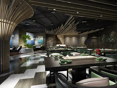 Modern Restaurant Interior With Wooden Ceiling Design Green Plants And Dining Tables 3d model