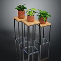 Three Potted Green Leafy Houseplants On Wooden Top Metal Leg Plant Stands