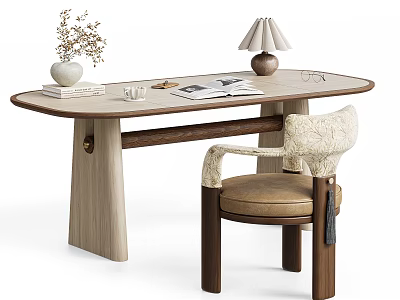 Natural Solid Wood Desk And Chair Set For Cozy Wabi Sabi Home Study Workspace 3d model