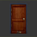 Red Wooden Hinged Door With Blue Frame And Golden Handle On Patterned Floor