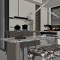Modern Restaurant Kitchen Interior With Marble Countertop White Cabinets Hanging Lights And Green Plants