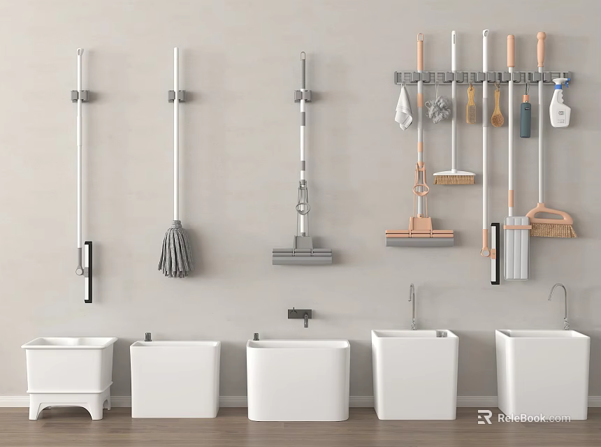 Bathroom Accessories Wall Mounted Cleaning Tools With White Mop Buckets And Wooden Floor 3d model 