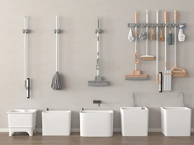 Bathroom Accessories Wall Mounted Cleaning Tools With White Mop Buckets And Wooden Floor 3d model