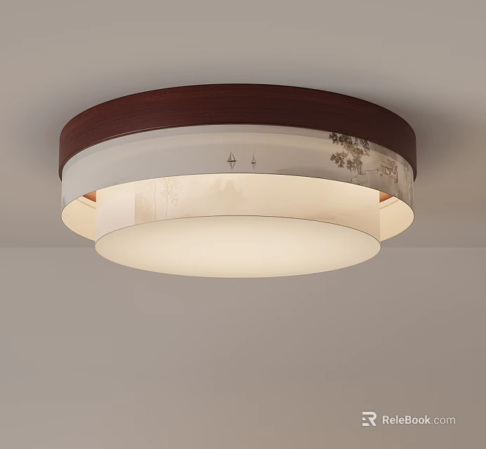 Round Chinese Style Ceiling Light With Brown Wood Top And White Decorative Pattern Shade 3d model 