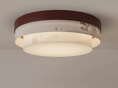 Round Chinese Style Ceiling Light With Brown Wood Top And White Decorative Pattern Shade 3d model