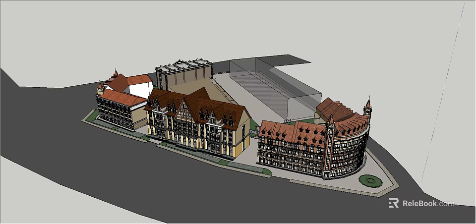Traditional European Commercial Street With Historic Buildings Red Roofs And Plazas 3d model 