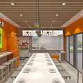 Modern Sichuan Cuisine Restaurant With Orange Walls Long Dining Table And Menu Screens