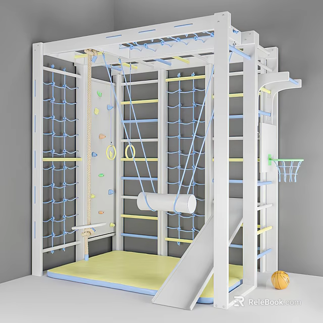 Indoor Playground Equipment Featuring Climbing Net Ring Slide Basketball Hoop And Safety Mat 3d model 