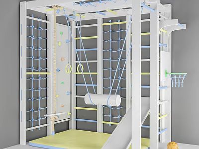 Indoor Playground Equipment Featuring Climbing Net Ring Slide Basketball Hoop And Safety Mat 3d model